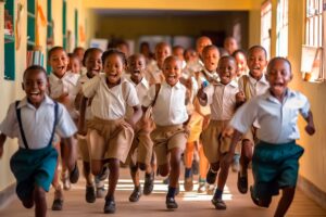 A group of African schoolchildren run through the hallway of their school. They have school uniforms and backpacks on, and they are all smiling towards the camera.