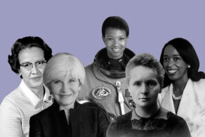 A collage of five female STEM figures, including Katherine Johnson, Dr. Marie Curie, Laurence Tubiana, Dr. Mae Jemison, and Dr. Patricia Bath.