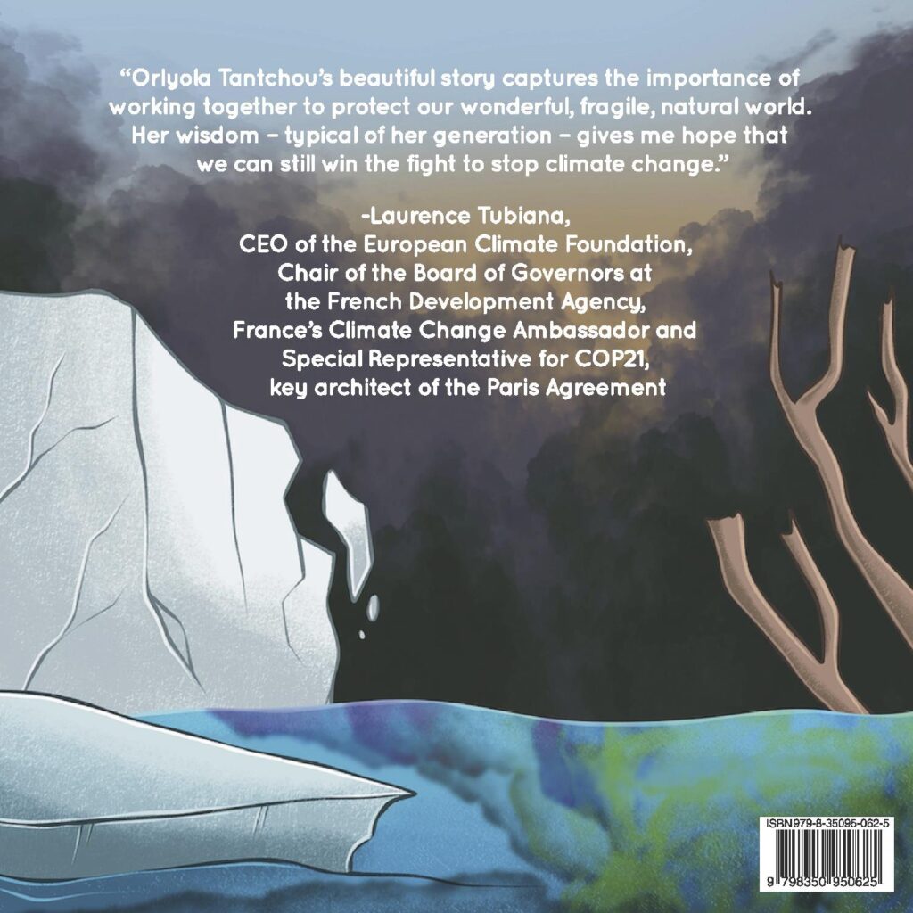 The back cover of “The Wildlife Warriors: Saving Their Habitats,” a children’s book written and illustrated by Orlyola Tantchou.